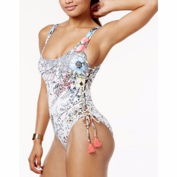 NWT Vince Camuto Wildflower-Print LaceUp One Piece - Picture 2 of 9